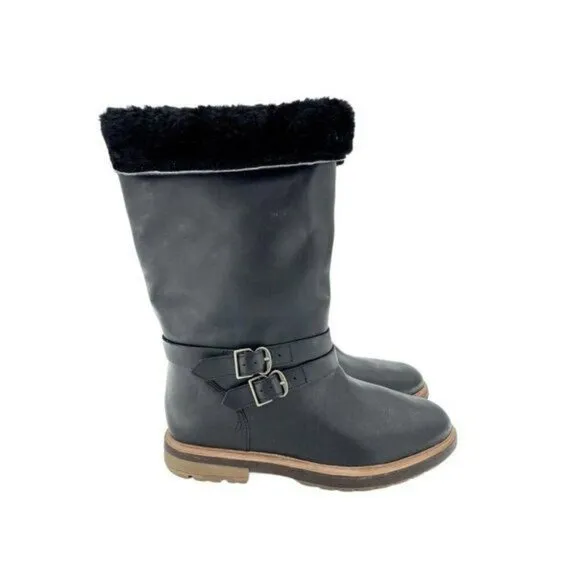TIMBERLAND Boots RILEY FLAIR Pull On Fur Lining Black Leather Sz 7 NEW