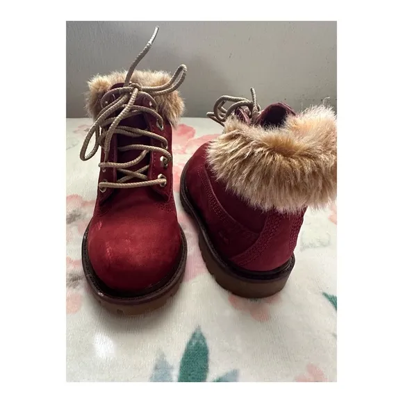 Timberland Chukka Ankle Boots Burgundy Leather Faux Fur Girls Size 8