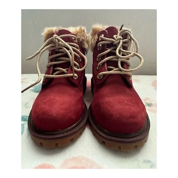 Timberland Chukka Ankle Boots Burgundy Leather Faux Fur Girls Size 8