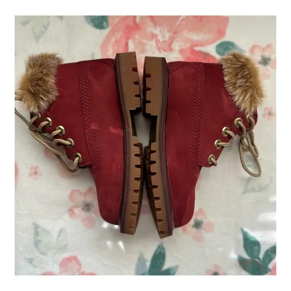 Timberland Chukka Ankle Boots Burgundy Leather Faux Fur Girls Size 8