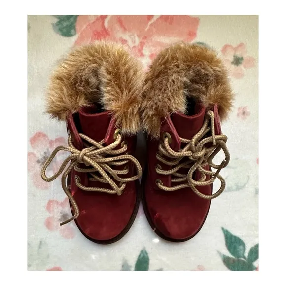 Timberland Chukka Ankle Boots Burgundy Leather Faux Fur Girls Size 8