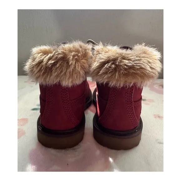 Timberland Chukka Ankle Boots Burgundy Leather Faux Fur Girls Size 8