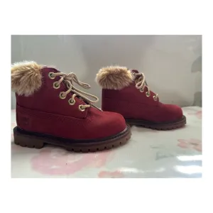 Timberland Chukka Ankle Boots Burgundy Leather Faux Fur Girls Size 8