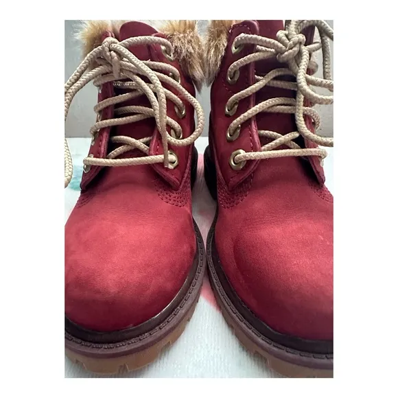 Timberland Chukka Ankle Boots Burgundy Leather Faux Fur Girls Size 8