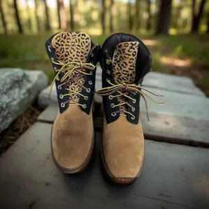 Timberland Light Brown Leather Boots With Animal Print Tongue Size 9 Men