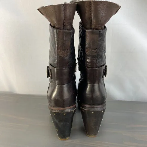 Timberland Marge Wood Fur Lined Heel Boots Women 9 Brown Platform Western Grunge