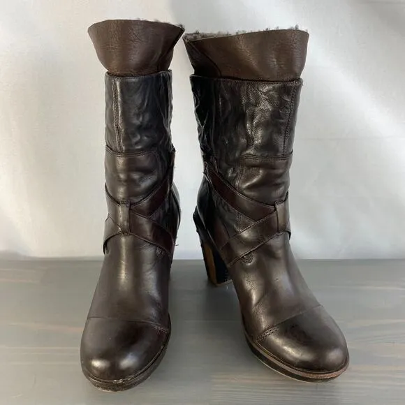 Timberland Marge Wood Fur Lined Heel Boots Women 9 Brown Platform Western Grunge
