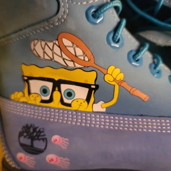 Timberland Premium 6 Waterproof Bright Blue Nubuck SpongeBob Boots US men SZ 7.5