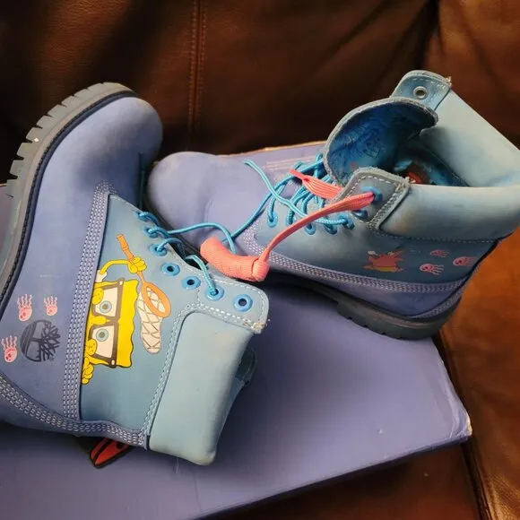 Timberland Premium 6 Waterproof Bright Blue Nubuck SpongeBob Boots US men SZ 7.5