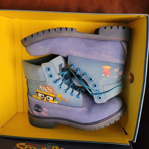 Timberland Premium 6 Waterproof Bright Blue Nubuck SpongeBob Boots US men SZ 7.5