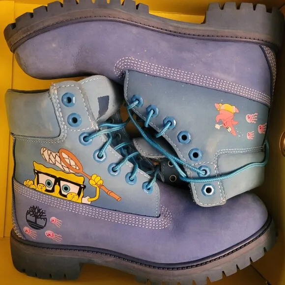 Timberland Premium 6 Waterproof Bright Blue Nubuck SpongeBob Boots US men SZ 7.5