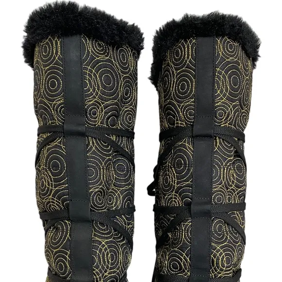Timberland Winter Boots Womens 9 M Tall Boots Black Leather Gold Stich Pull On
