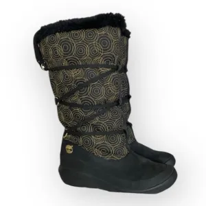 Timberland Winter Boots Womens 9 M Tall Boots Black Leather Gold Stich Pull On