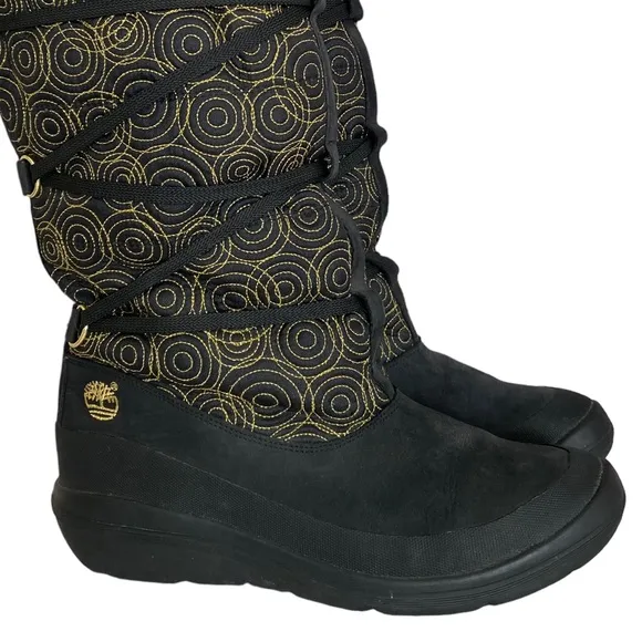 Timberland Winter Boots Womens 9 M Tall Boots Black Leather Gold Stich Pull On