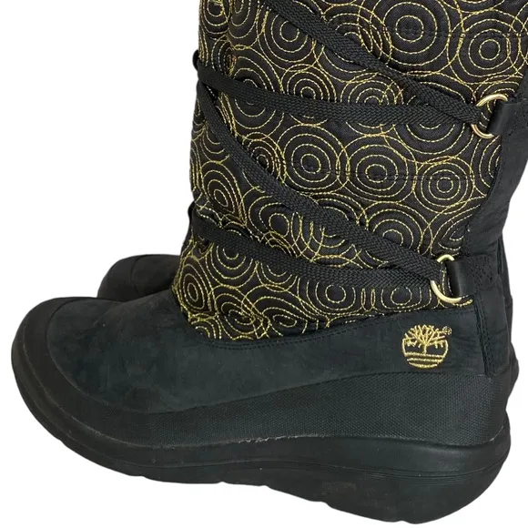 Timberland Winter Boots Womens 9 M Tall Boots Black Leather Gold Stich Pull On