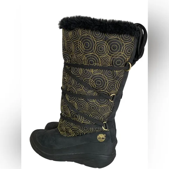 Timberland Winter Boots Womens 9 M Tall Boots Black Leather Gold Stich Pull On