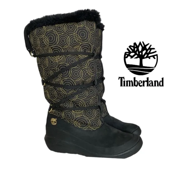 Timberland Winter Boots Womens 9 M Tall Boots Black Leather Gold Stich Pull On
