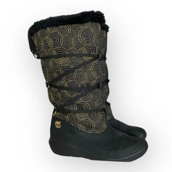 Timberland Winter Boots Womens 9 M Tall Boots Black Leather Gold Stich Pull On