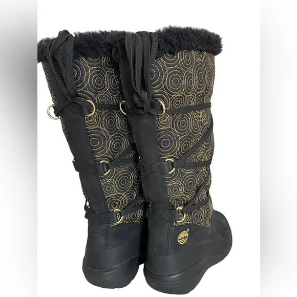 Timberland Winter Boots Womens 9 M Tall Boots Black Leather Gold Stich Pull On