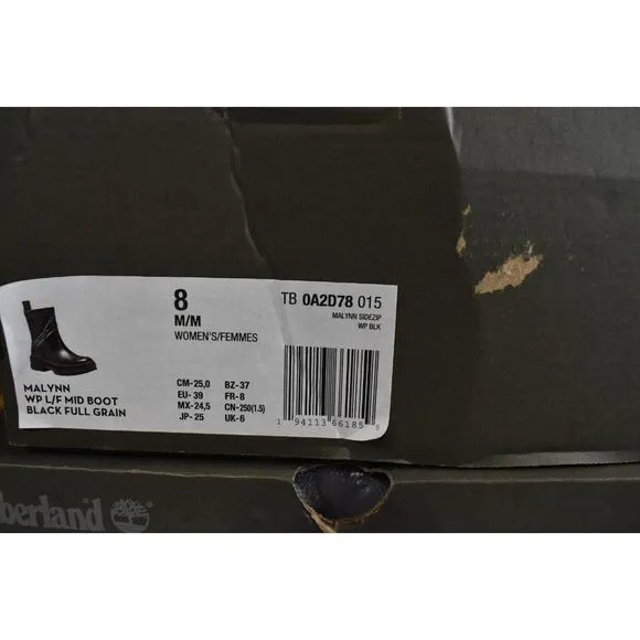 Timberland Womens Size 8 Malynn Mid Black Full Grain Leather Side Zip Boots