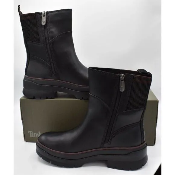 Timberland Womens Size 8 Malynn Mid Black Full Grain Leather Side Zip Boots