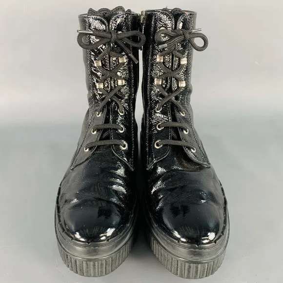TOD'S Black Patent Leather Lace-Up Side Zipper Boots