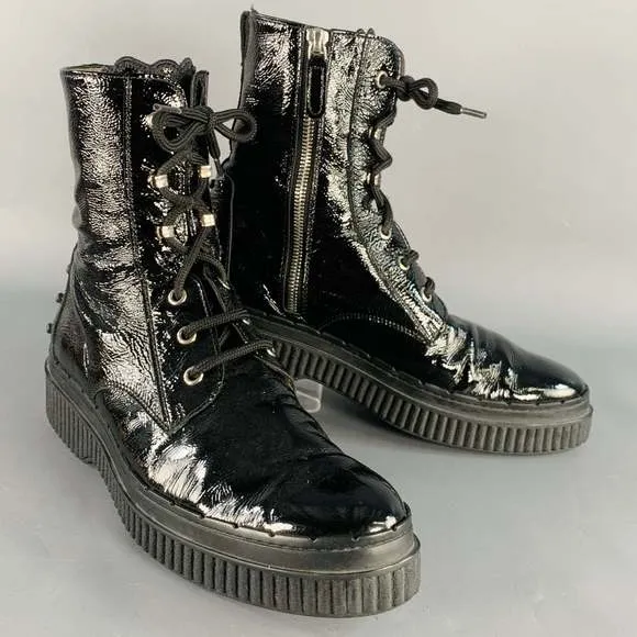 TOD'S Black Patent Leather Lace-Up Side Zipper Boots