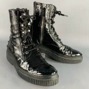 TOD'S Black Patent Leather Lace-Up Side Zipper Boots