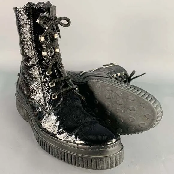TOD'S Black Patent Leather Lace-Up Side Zipper Boots