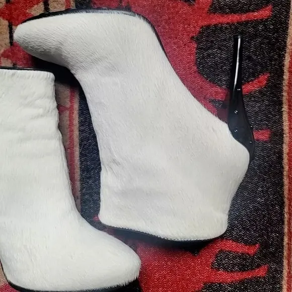TOD'S Italy Calf Hair Ankle Boots White Zip Stiletto Bootie Cowhide Fur US7 EU37