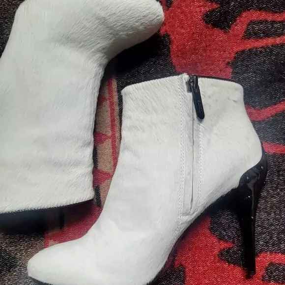 TOD'S Italy Calf Hair Ankle Boots White Zip Stiletto Bootie Cowhide Fur US7 EU37