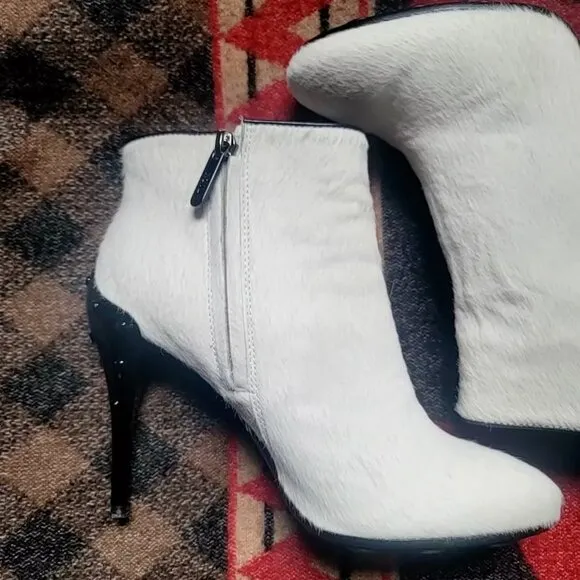 TOD'S Italy Calf Hair Ankle Boots White Zip Stiletto Bootie Cowhide Fur US7 EU37