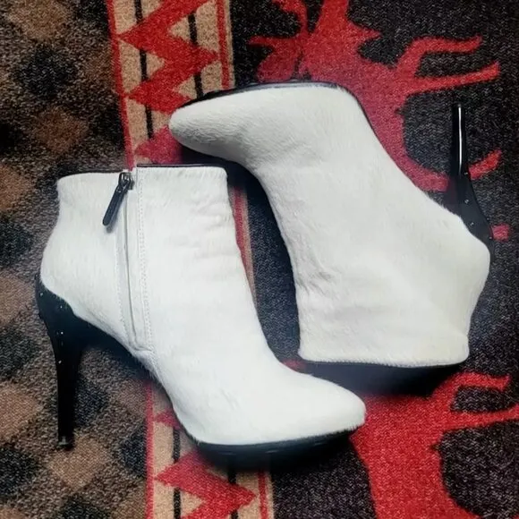 TOD'S Italy Calf Hair Ankle Boots White Zip Stiletto Bootie Cowhide Fur US7 EU37