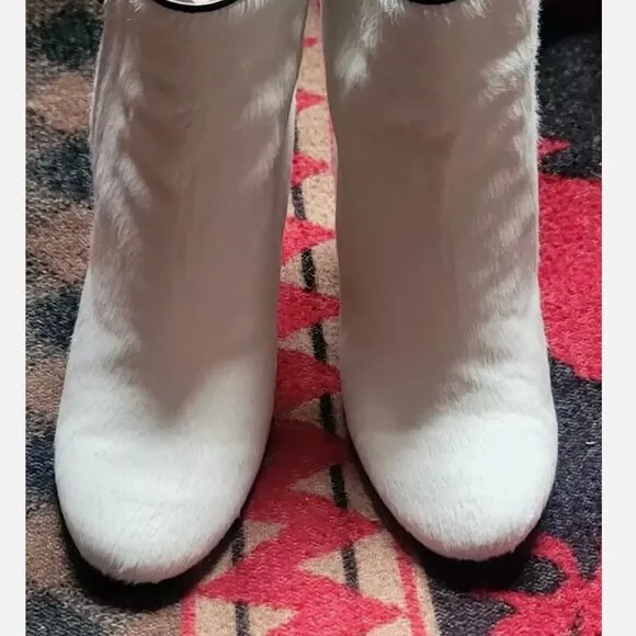 TOD'S Italy Calf Hair Ankle Boots White Zip Stiletto Bootie Cowhide Fur US7 EU37