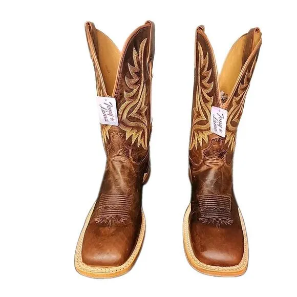 Tony Lama 11” Honey Brown Embroidered Square Toe Size 10.5 Western Boots