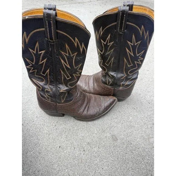 Tony Lama Cowboy Boots Brown Leather Mens 10.5 A Narrrow Width Vintage Western S