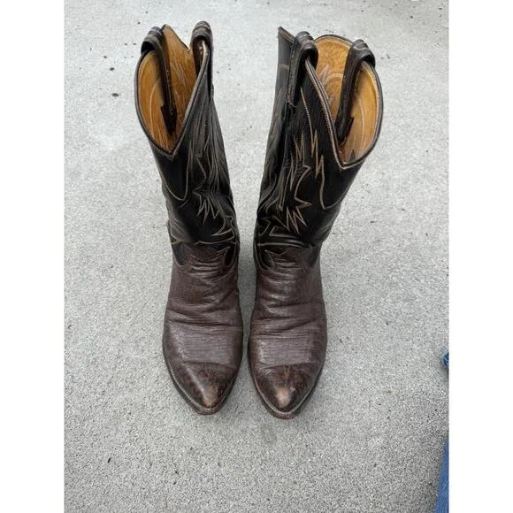 Tony Lama Cowboy Boots Brown Leather Mens 10.5 A Narrrow Width Vintage Western S