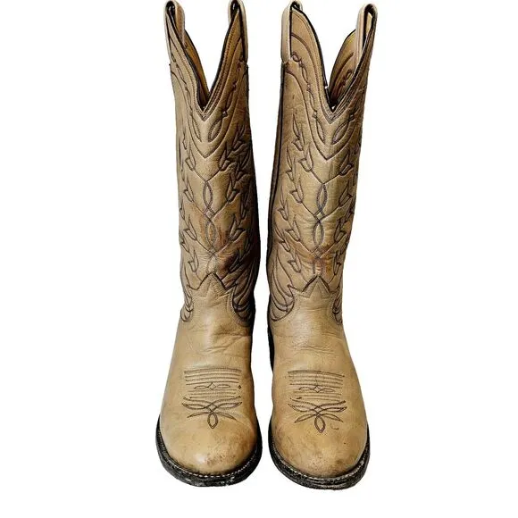 Tony Lama Cowboy Boots Men's 6B Vintage 1980s Leather Tan Made In USA Classic‎