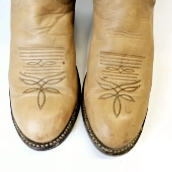 Tony Lama Cowboy Boots Men's 6B Vintage 1980s Leather Tan Made In USA Classic‎