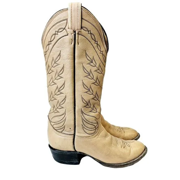 Tony Lama Cowboy Boots Men's 6B Vintage 1980s Leather Tan Made In USA Classic‎