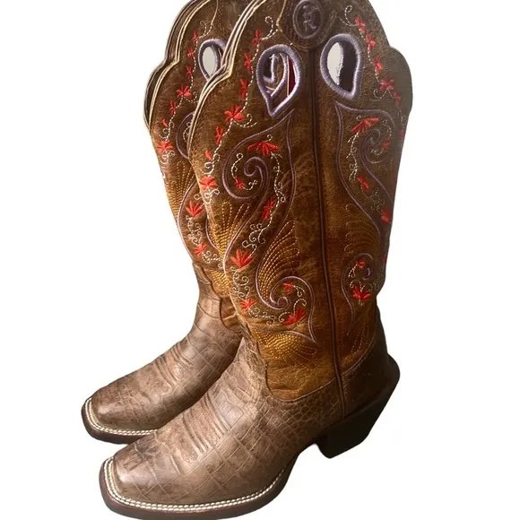 Tony Lama Leather Floral Embroidery Western Boots Brown Size 5.5