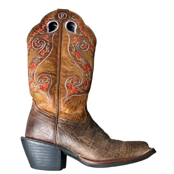 Tony Lama Leather Floral Embroidery Western Boots Brown Size 5.5