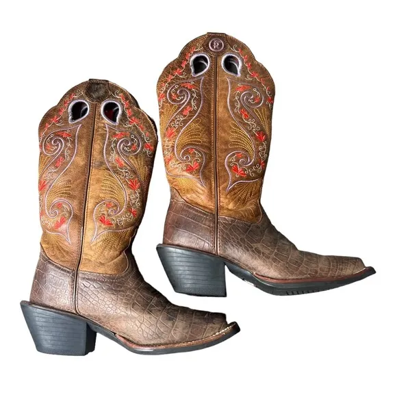 Tony Lama Leather Floral Embroidery Western Boots Brown Size 5.5