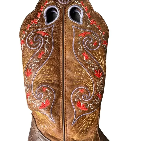 Tony Lama Leather Floral Embroidery Western Boots Brown Size 5.5