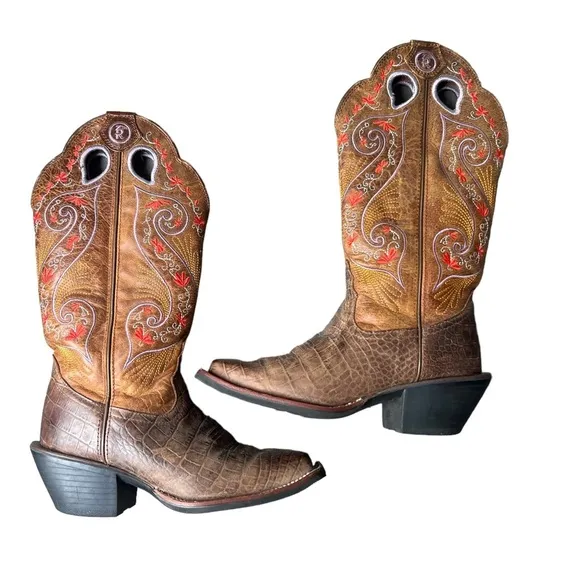 Tony Lama Leather Floral Embroidery Western Boots Brown Size 5.5