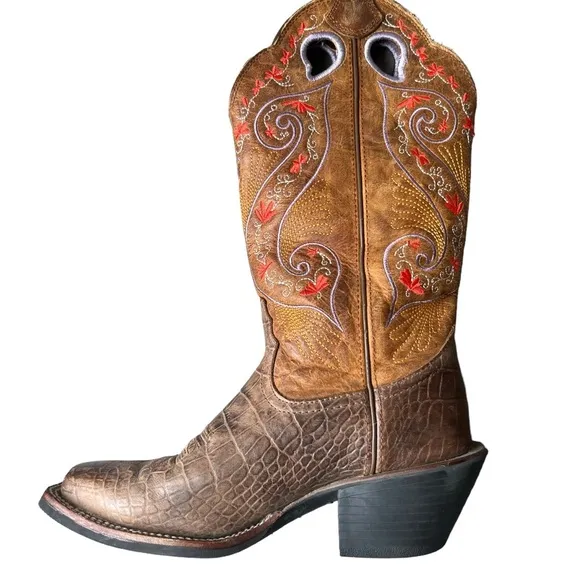 Tony Lama Leather Floral Embroidery Western Boots Brown Size 5.5