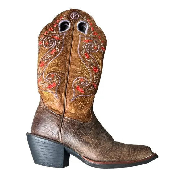 Tony Lama Leather Floral Embroidery Western Boots Brown Size 5.5