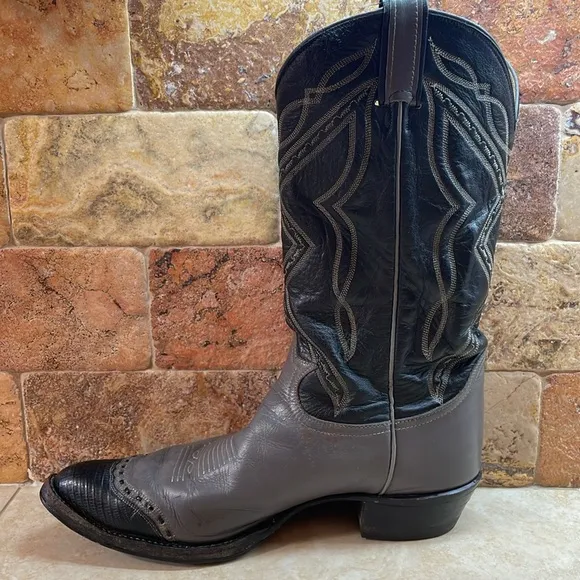 Tony Lama Men Cowboy Boots Stich Textured Toe Rodeo Black Gray Size 11D