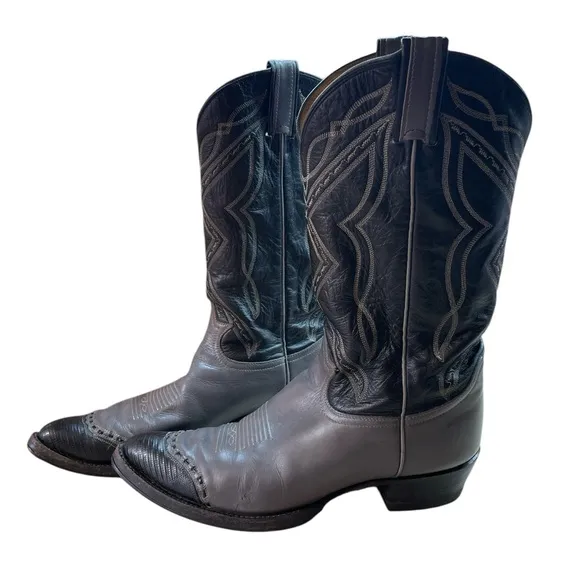 Tony Lama Men Cowboy Boots Stich Textured Toe Rodeo Black Gray Size 11D