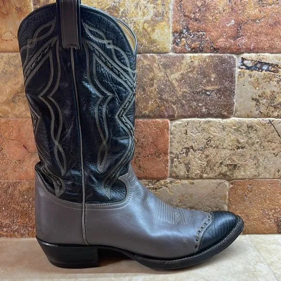 Tony Lama Men Cowboy Boots Stich Textured Toe Rodeo Black Gray Size 11D
